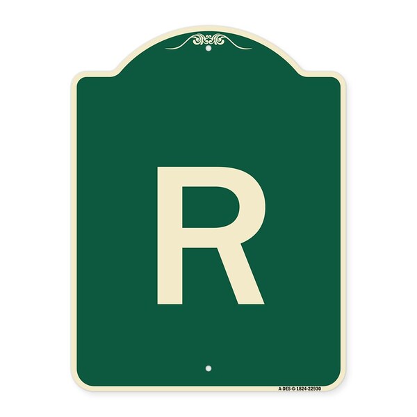 Designer Series Sign W/ Letter R, Green & Tan Heavy-Gauge Aluminum Sign, 24" x 18", G-1824-22930